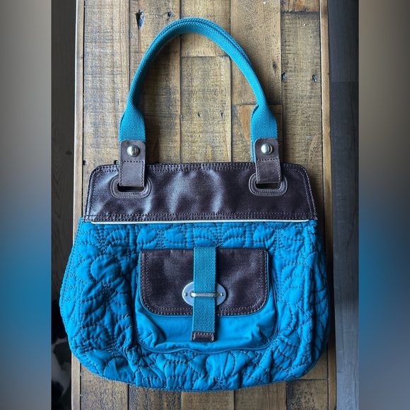 Fossil Teal and Brown Quilted Shoulder Bag Purse - Picture 1 of 7